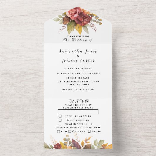 Boho Red Burgundy Floral Script Wedding Elegant All In One Uitnodiging (Binnen)