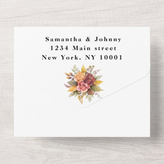 Boho Red Burgundy Floral Script Wedding Elegant All In One Uitnodiging (Achterkant)