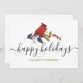 Boho Red Cardinal Holly Berries Name Happy Feestdagenkaart (Voorkant / Achterkant)