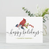 Boho Red Cardinal Holly Berries Name Happy Feestdagenkaart (Staand voorkant)