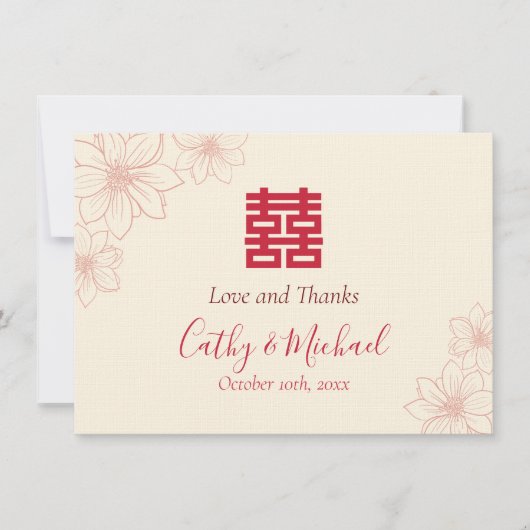 Boho red en beige floral Chinese bruiloft Bedankkaart (Voorkant)