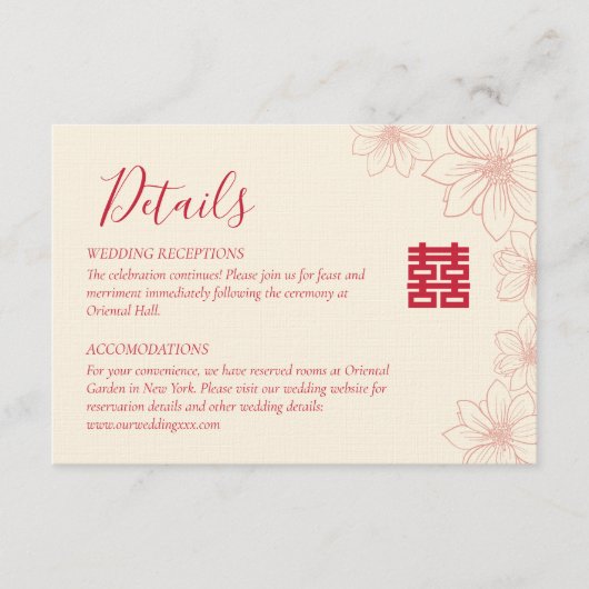 Boho red en beige floral Chinese bruiloft details Informatiekaartje (Voorkant)