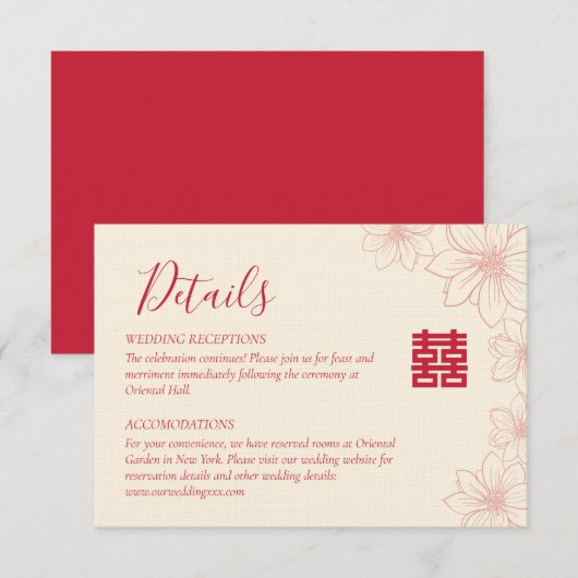 Boho red en beige floral Chinese bruiloft details Informatiekaartje (Voorkant / Achterkant)