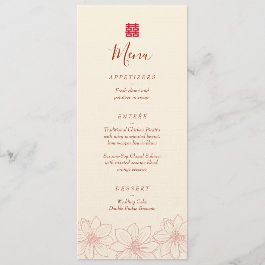 Boho red en beige floral Chinese bruiloft Menu (Voorkant)
