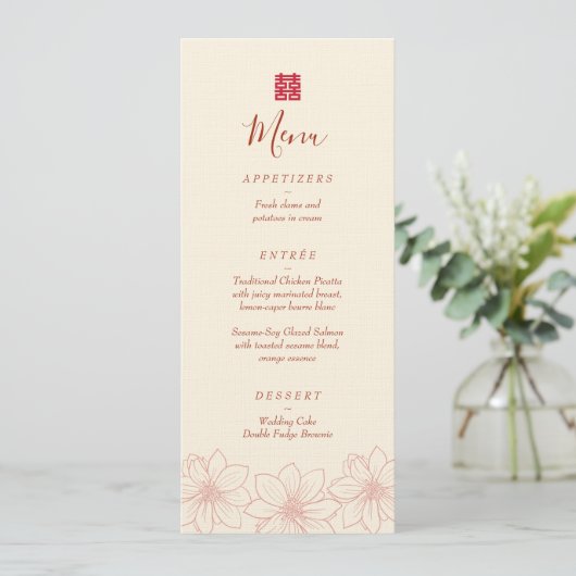 Boho red en beige floral Chinese bruiloft Menu (Staand voorkant)