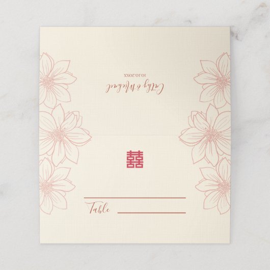 Boho red en beige floral Chinese bruiloft Plaatskaartje (Buitenkant ongevouwen)