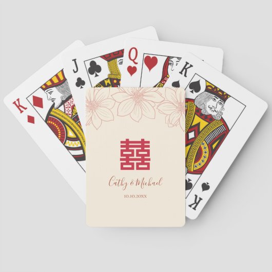 Boho red en beige floral Chinese bruiloft Pokerkaarten (Achterkant)