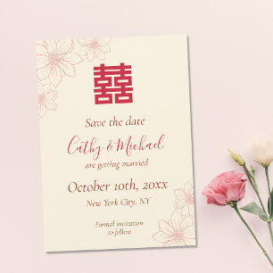 Boho red en beige floral Chinese bruiloft Save The Date