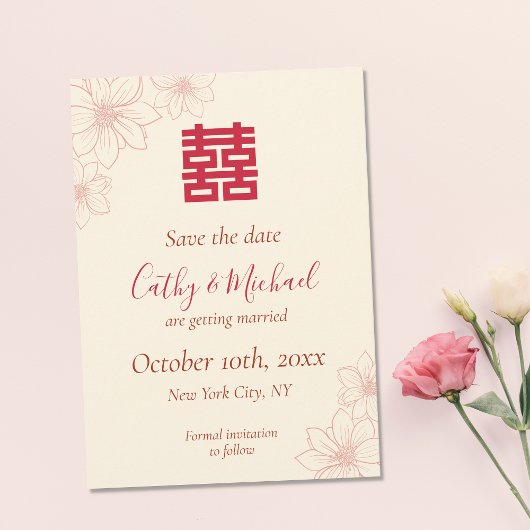Boho red en beige floral Chinese bruiloft Save The Date