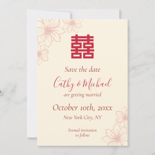 Boho red en beige floral Chinese bruiloft Save The Date (Voorkant)