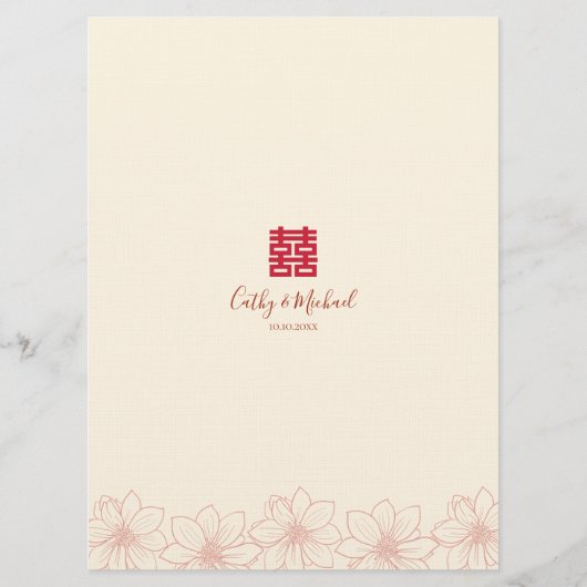 Boho red en beige floral Chinese trouwbanquet Menu (Achterkant)