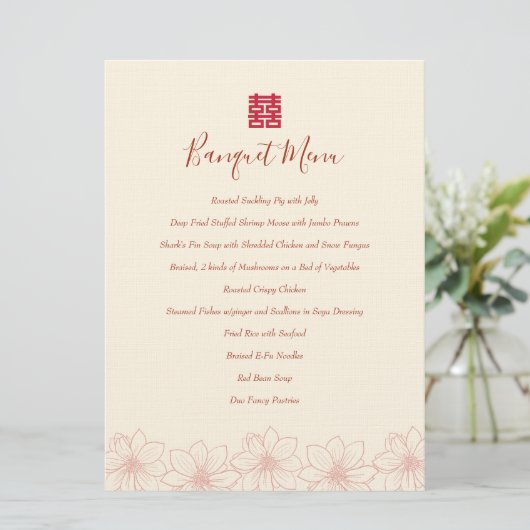 Boho red en beige floral Chinese trouwbanquet Menu (Staand voorkant)