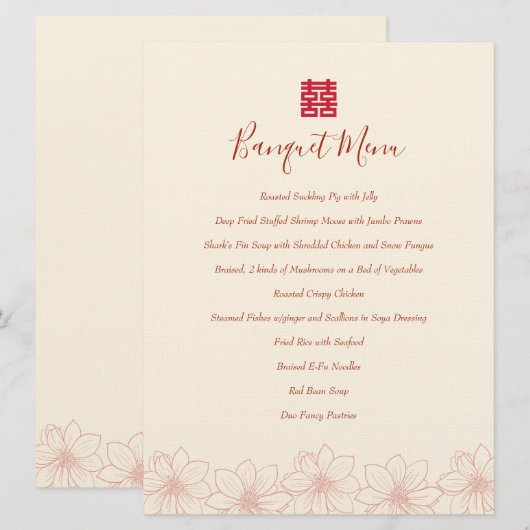 Boho red en beige floral Chinese trouwbanquet Menu (Voorkant / Achterkant)