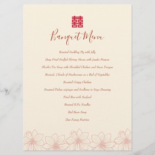 Boho red en beige floral Chinese trouwbanquet Menu (Voorkant)