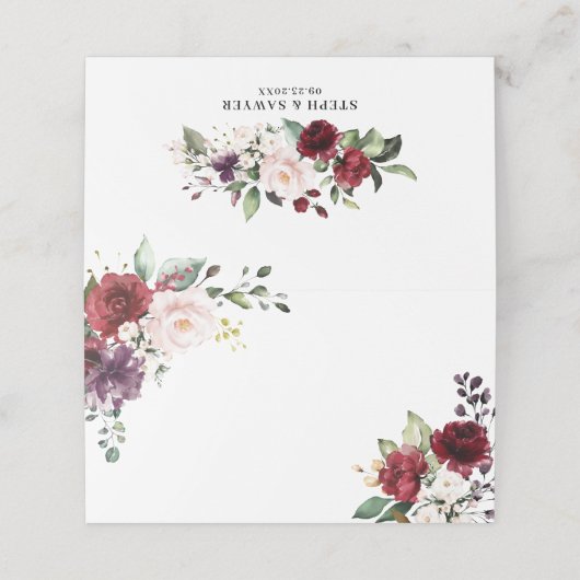 Boho Red en Paarse Waterverf Flowers Wedding Plaatskaartje (Buitenkant ongevouwen)