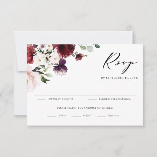 Boho Red en Paarse Waterverf Flowers Wedding RSVP Kaartje (Voorkant)