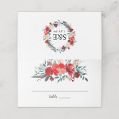 Boho Red Floral Feather Krans Monogram Huwelijk Plaatskaartje (Buitenkant ongevouwen)