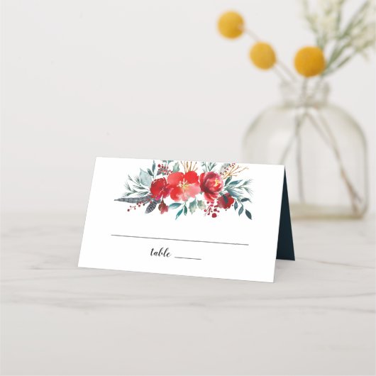 Boho Red Floral Feather Krans Monogram Huwelijk Plaatskaartje (Voorkant)