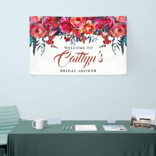 Boho Red Floral Feather Vrijgezellenfeest Welkom Spandoek (Beurs)