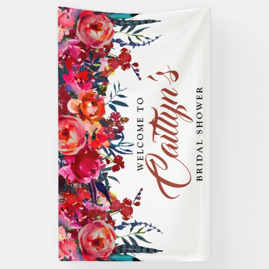 Boho Red Floral Feather Vrijgezellenfeest Welkom Spandoek (Verticaal)