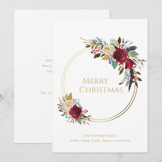 Boho Red Floral Geometric Gold Kerstmis Feestdagenkaart (Voorkant / Achterkant)