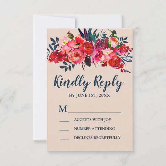 Boho Red Floral RSVP Response Kaart (Voorkant)
