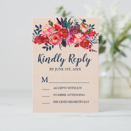 Boho Red Floral RSVP Response Kaart (Staand voorkant)