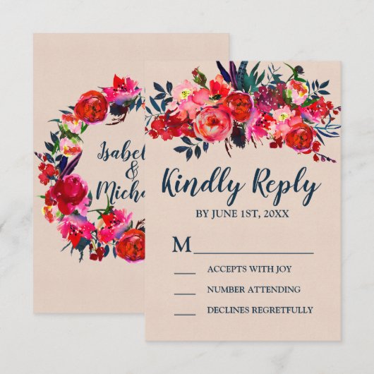 Boho Red Floral RSVP Response Kaart (Voorkant / Achterkant)