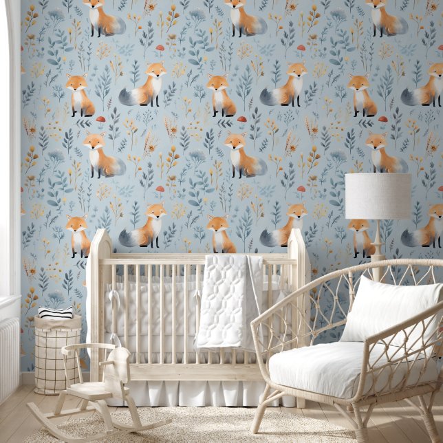 Boho Red Fox op Blue Baby kwekerij Behang (Kinderen)