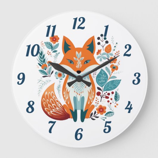 Boho Red Fox Scandinavische volkskunst Grote Klok (Voorkant)