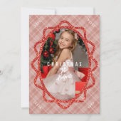 Boho Red Glitter & Plaid Ovaal Foto Kerstmis Feestdagenkaart (Voorkant)