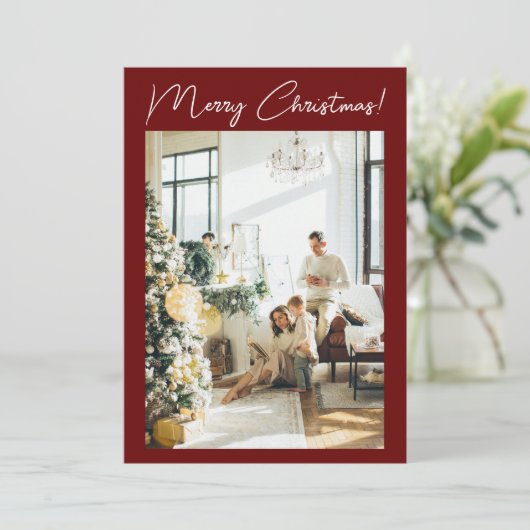Boho Red Maroon Fotolint Stijlvolle Kerst Feestdagenkaart (Staand voorkant)