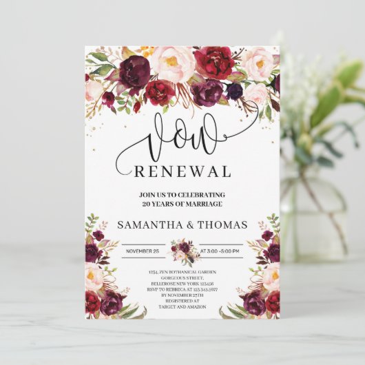 Boho red marsala blush bogundy chic vow vernieuwin kaart (Staand voorkant)