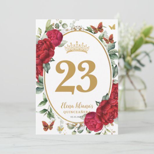 Boho Red Peonies Floral Quinceanera Table Number Kaart (Staand voorkant)