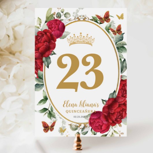 Boho Red Peonies Floral Quinceanera Table Number Kaart