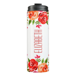Boho Red Pink Oranje Waterverf Flowers Thermosbeker
