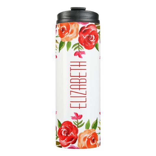 Boho Red Pink Oranje Waterverf Flowers Thermosbeker (Voorkant)