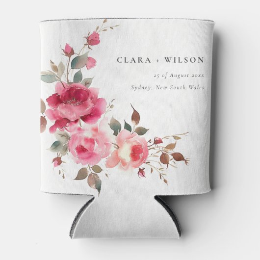 Boho Red Pink Rose Bloemen Waterverf Wedding Blikjeskoeler (Voorkant)