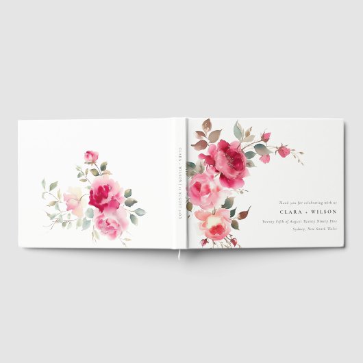 Boho Red Pink Rose Bloemen Waterverf Wedding Gastenboek (Volledig)