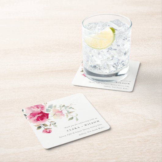 Boho Red Pink Rose Bloemen Waterverf Wedding Kartonnen Onderzetters (Insitu)