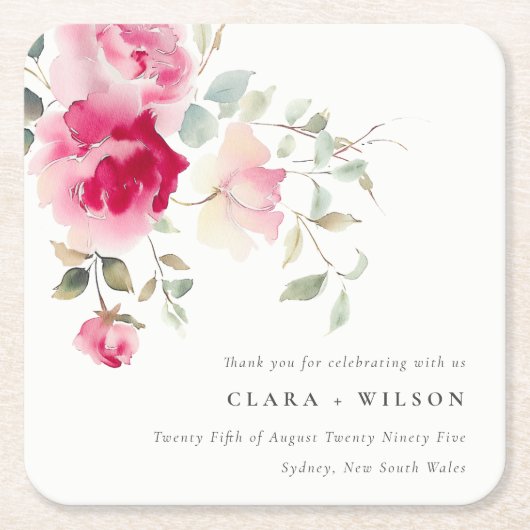 Boho Red Pink Rose Bloemen Waterverf Wedding Kartonnen Onderzetters (Voorkant)