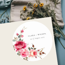 Boho Red Pink Rose Bloemen Waterverf Wedding Ronde Sticker