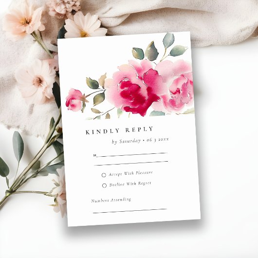 Boho Red Pink Rose Bloemen Waterverf Wedding RSVP Kaartje