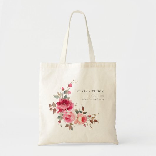 Boho Red Pink Rose Bloemen Waterverf Wedding Tote Bag (Voorkant)