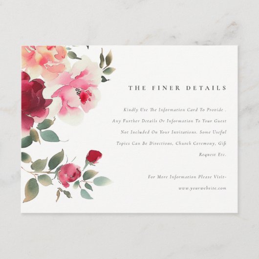Boho Red Pink Rose Bloemen Wedding Details Informatiekaartje (Voorkant)