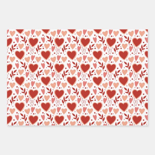 Boho Red Pink White Valentijn Hearts Pattern Inpakpapier Vel (Voorkant)