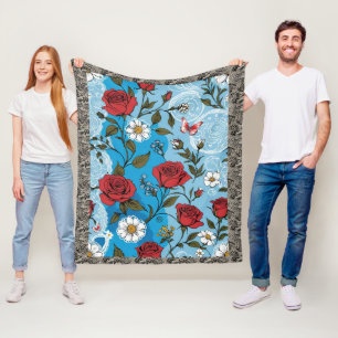 Boho Red Roses Daisies Kant Vlinders Blauw Fleece Deken