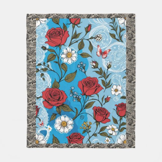 Boho Red Roses Daisies Kant Vlinders Blauw Fleece Deken (Voorkant)
