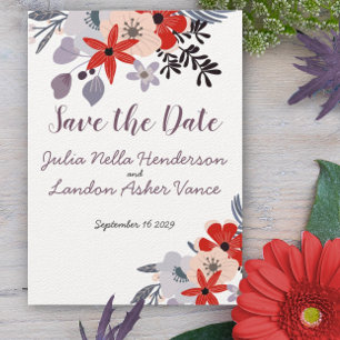 Boho Red Roze Blauwgroen Flora Fauna Save the Date Kaart