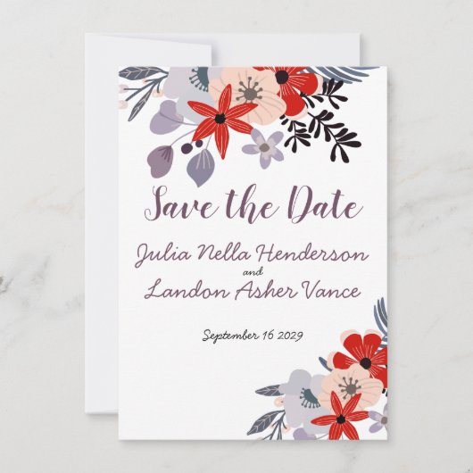 Boho Red Roze Blauwgroen Flora Fauna Save the Date Kaart (Voorkant)